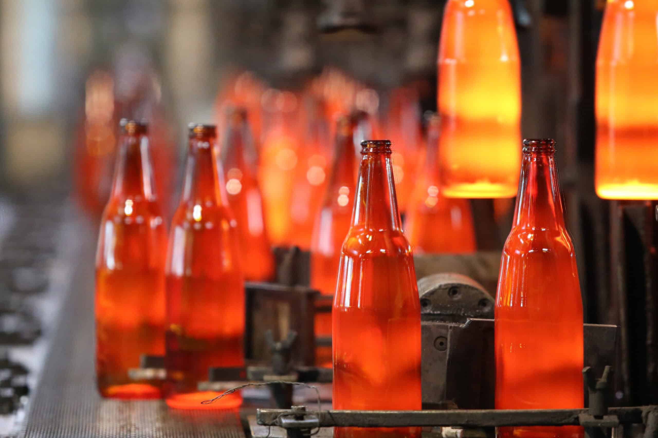 Production line of glass bottles.