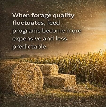 Forage field at sunrise with hay bales, highlighting how forage quality fluctuations increase feed costs and reduce ration predictability.