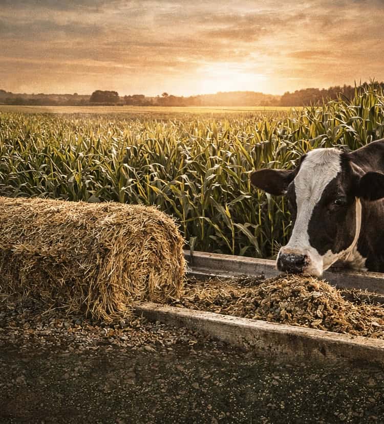 Dairy cow eating forage near cornfield at sunrise, representing forage quality and feed efficiency in animal nutrition programs.