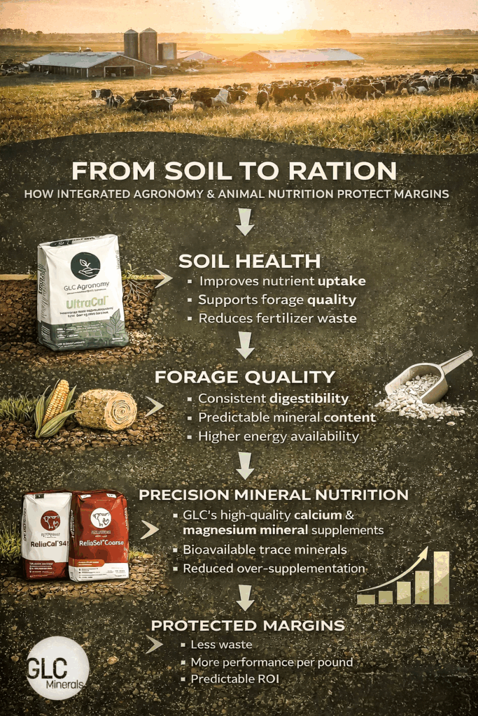 Infographic showing GLC Minerals’ integrated agronomy and animal nutrition approach from soil health with UltraCal® calcium products to precision mineral supplementation with ReliaCal® and ReliaSol®, improving feed efficiency and protecting farm margins.