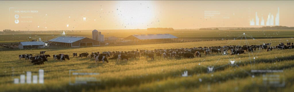Midwest dairy farm at sunrise with forage fields and cattle, showing integrated agronomy, soil health monitoring, and GLC Minerals UltraCal® precision mineral nutrition to improve feed efficiency.