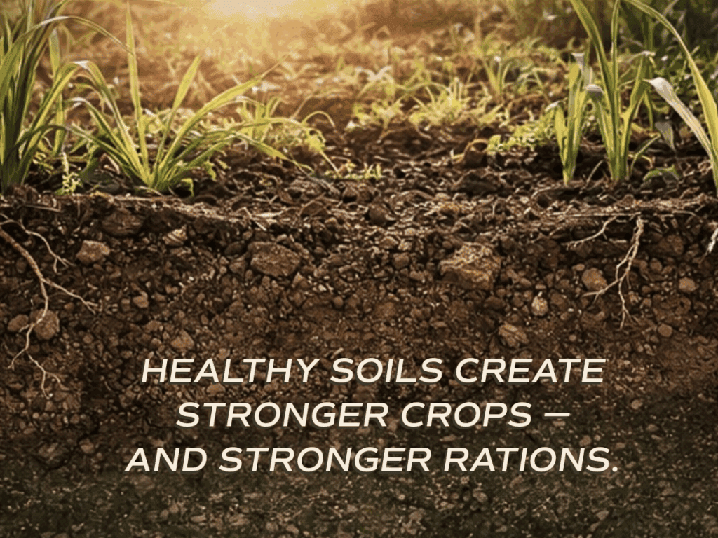 Healthy soil profile with plant roots, symbolizing nutrient uptake, forage yield consistency, and integrated agronomy benefits.