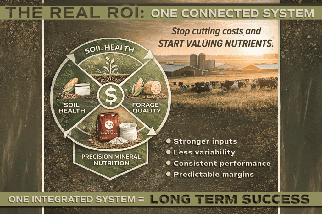 Infographic showing GLC Minerals’ integrated agronomy and animal nutrition system connecting soil health, forage quality, and precision mineral supplementation to strengthen inputs, reduce variability, and protect long-term farm margins.