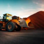 Payloader loading calcium mineral stockpile at mining site during sunset
