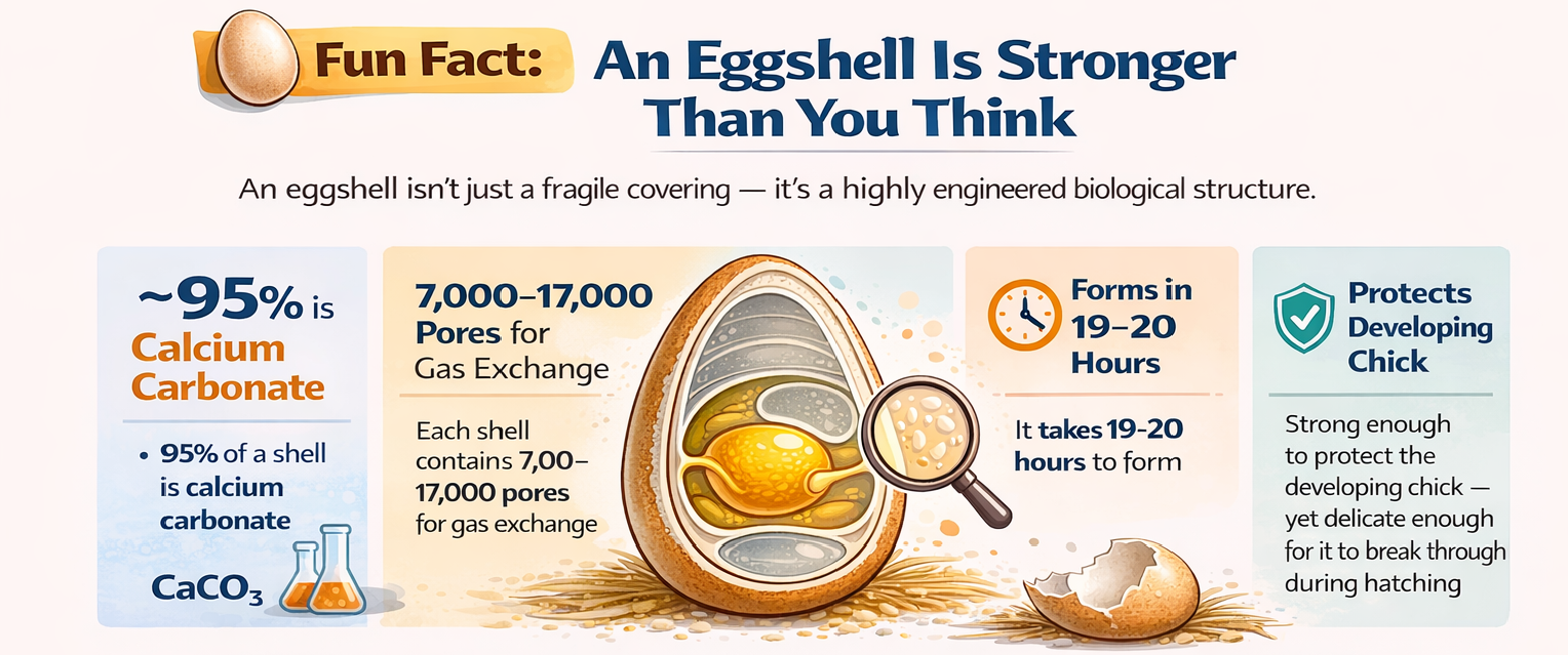 Fun fact infographic about eggshell strength showing calcium carbonate composition, shell pores, formation time, and chick protection