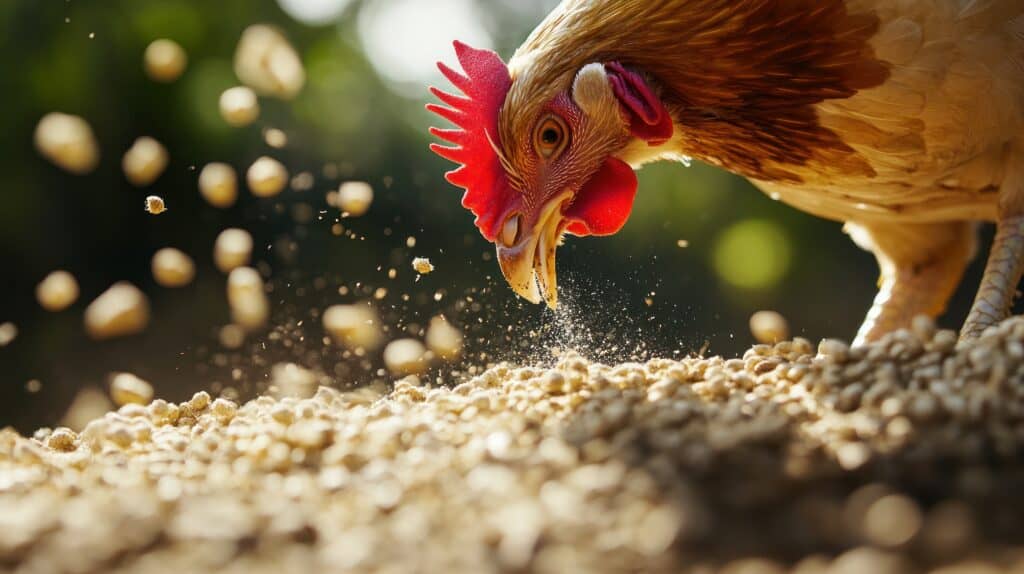 Close-up of a hen pecking at poultry feed with particles flying in the air.