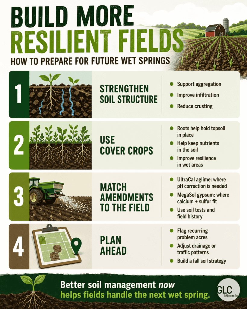 Farm management infographic showing how soil structure, cover crops, field-specific amendments, and planning improve resilience to wet spring conditions.
