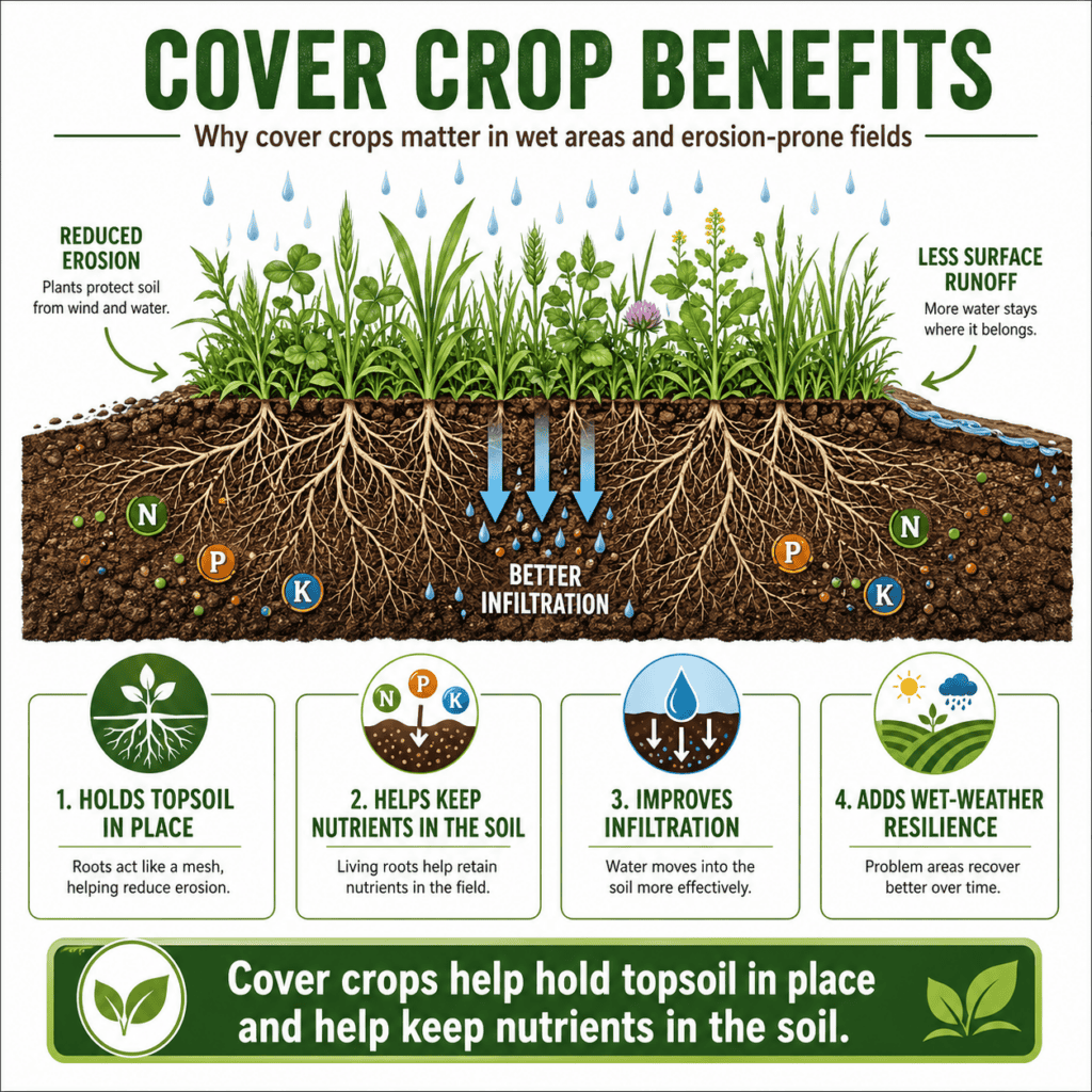 Square infographic showing cover crop benefits in wet and erosion-prone fields, including roots that hold topsoil in place, better infiltration, reduced runoff, and improved nutrient retention.