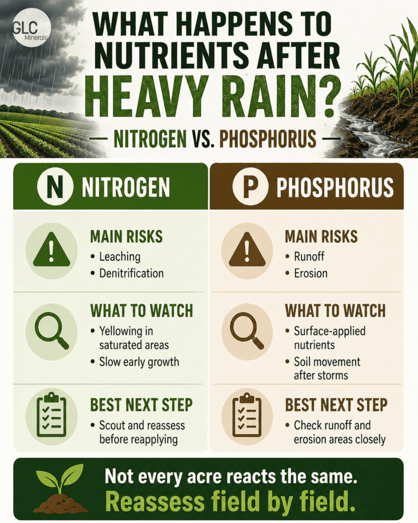 Infographic showing how saturated fields reduce oxygen, increase compaction risk, raise nutrient loss concerns, and tighten planting windows.