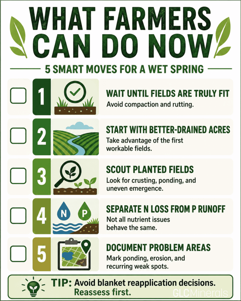 Checklist infographic with five practical farming actions for wet spring conditions, including scouting fields and avoiding compaction.