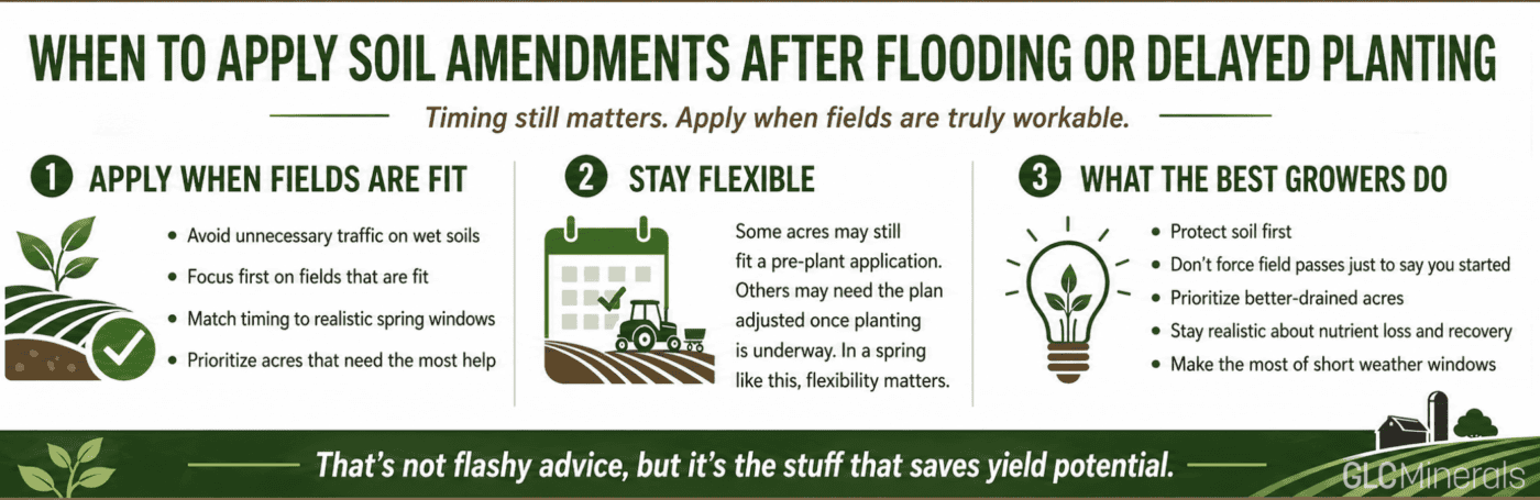 Narrow landscape infographic explaining when to apply soil amendments after flooding or delayed planting, including field-fit timing, flexibility, and best practices for wet spring conditions.