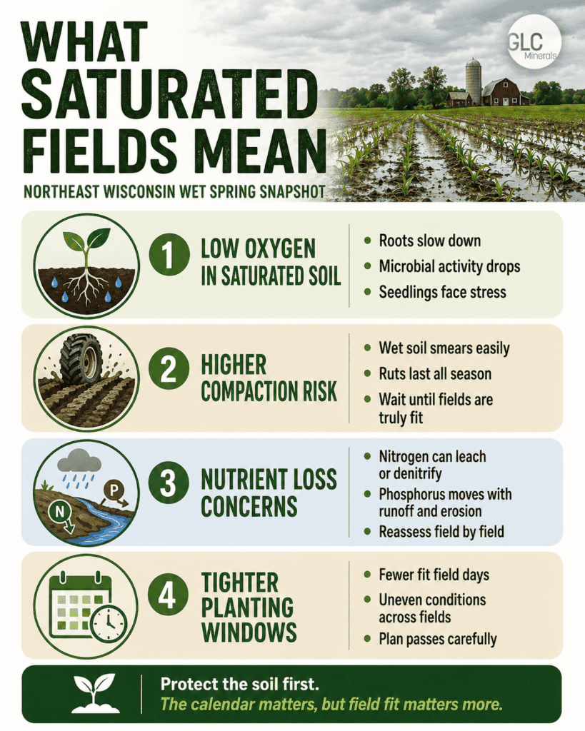 Infographic showing how saturated fields reduce oxygen, increase compaction risk, raise nutrient loss concerns, and tighten planting windows.