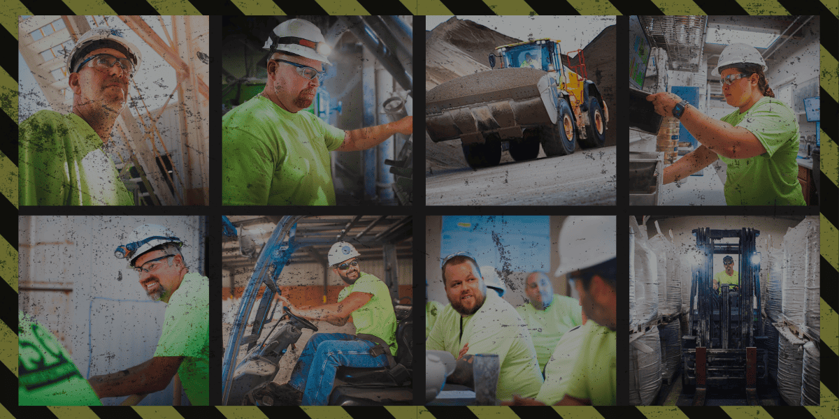 GLC Minerals employee collage showing plant workers, equipment operators, and workplace safety in action.