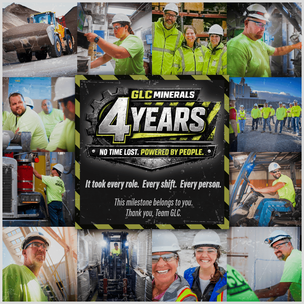 GLC Minerals Safety Month collage celebrating 4 years with no time lost and recognizing employees who support workplace safety.