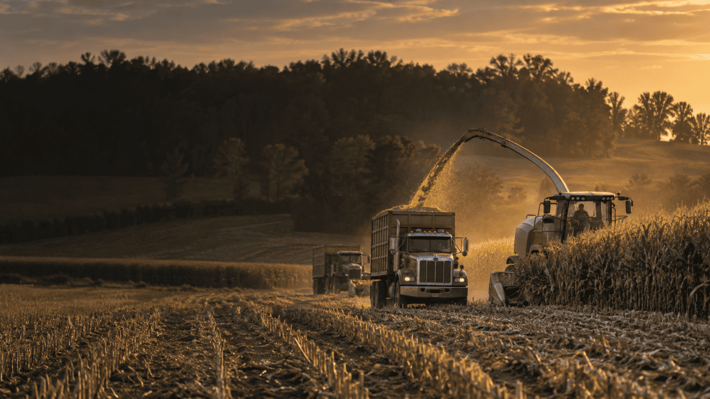 Corn silage harvest in a Midwest field with a forage chopper loading trucks during fall harvest.