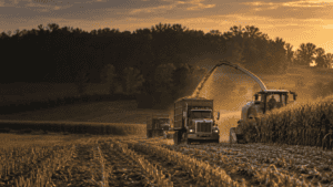 Corn silage harvest in a Midwest field with a forage chopper loading trucks during fall harvest.