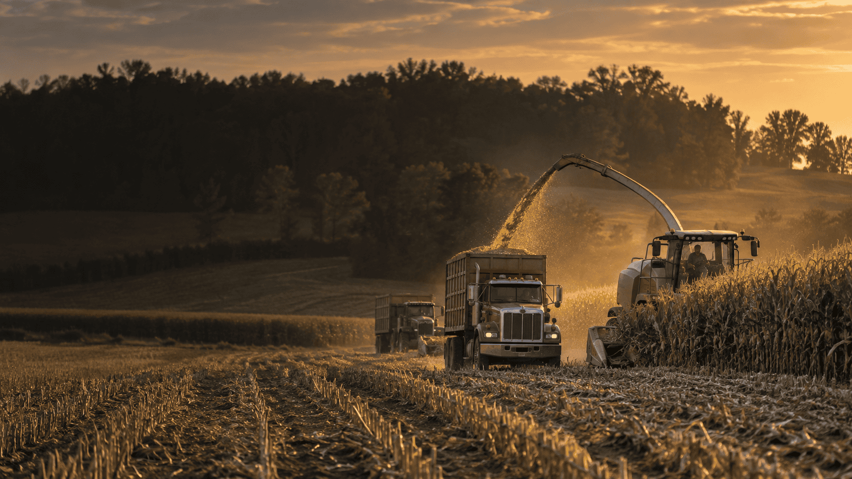 Corn silage harvest in a Midwest field with a forage chopper loading trucks during fall harvest.