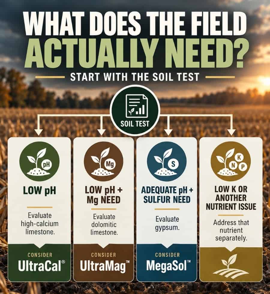 Decision tree showing soil test paths for low pH, magnesium need, sulfur need, and potassium or other nutrient issues.
